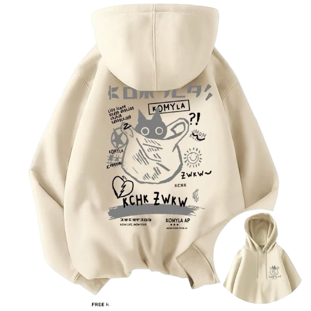 2025 Cross-Border E-Commerce Unisex Printed Hoodie with Black Cat and Letter Pattern Hoodie, Casual and Comfortable Long Sleeved